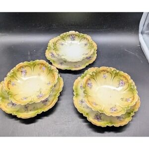 Antique RS Germany Porcelain Berry Bowls Saucers Violets Gold Scalloped Set of 3